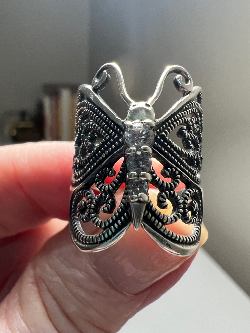 Sparkling Silver Tone Butterfly with rhinestones Statement Ring - Heirloom